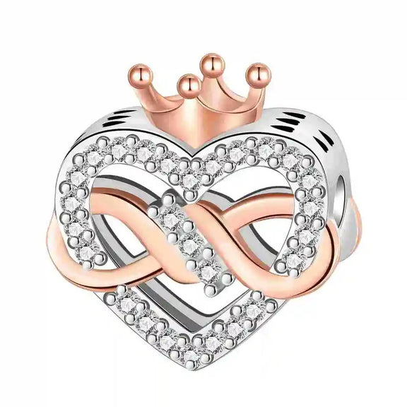 Sterling Silver Heart Crown Charm - Sterling Silver Heart Crown Charm with rose gold and crystals