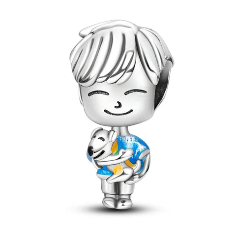 Sterling Silver Boy with Puppy Charm - Sterling Silver Boy with Puppy Charm with enamel