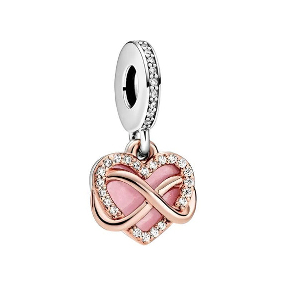 Sterling Silver Pink Heart Dangle Charm - Sterling Silver Pink Heart Dangle Charm with rose gold and crystals