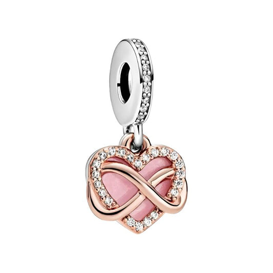 Sterling Silver Pink Heart Dangle Charm with rose gold and crystals