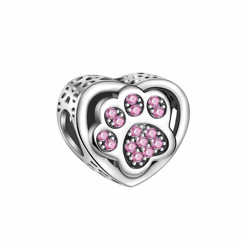 Sterling Silver Paw Heart Charm - Sterling Silver Paw Heart Charm with pink crystals