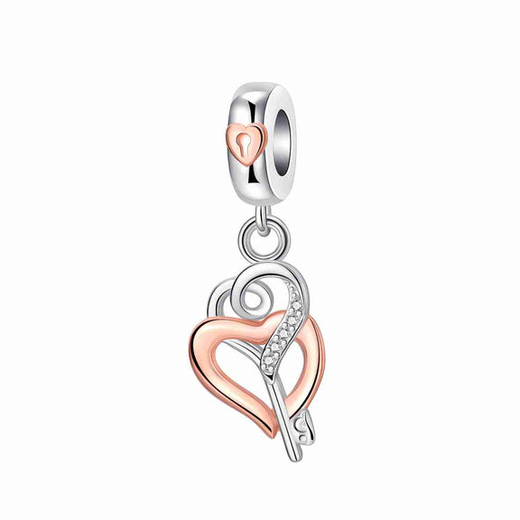 Sterling Silver Key to Heart Charm with Rose Gold and Crystals - Sterling Silver Key to Heart Charm with rose gold and crystals