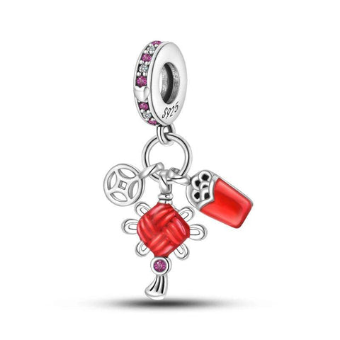 Sterling Silver Christmas Charm with Red Enamel Knots & Lantern - Sterling Silver Christmas Charm with Red Enamel Knots & Lantern