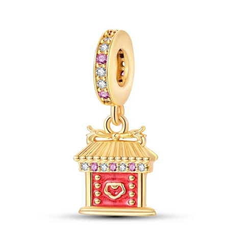 Gold-Plated Christmas Charm with Red Pagoda & Pink Crystals - Gold-Plated Christmas Charm with Red Pagoda & Pink Crystals