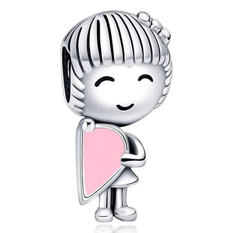 Sterling Silver Girl with Pink Heart Charm Bracelets - Sterling Silver Girl with Pink Heart Charm Bracelets