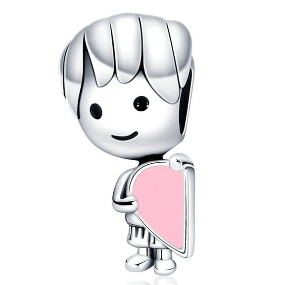 Sterling Silver Boy with Pink Heart Charm for Pandora Bracelets - Sterling silver charm shaped like a boy holding a pink heart, designed for Pandora bracelets.