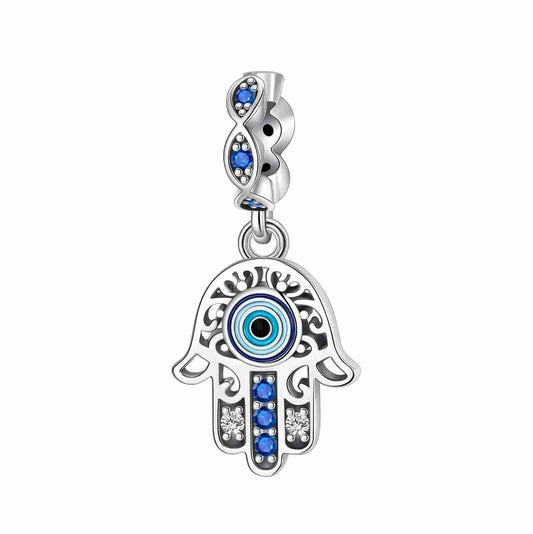 Silver hand charm with intricate design, symbolizing protection on charm bracelets by Pandora.