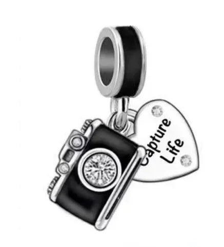 Sterling Silver Camera Charm - Sterling Silver Camera Charm with enamel and crystals