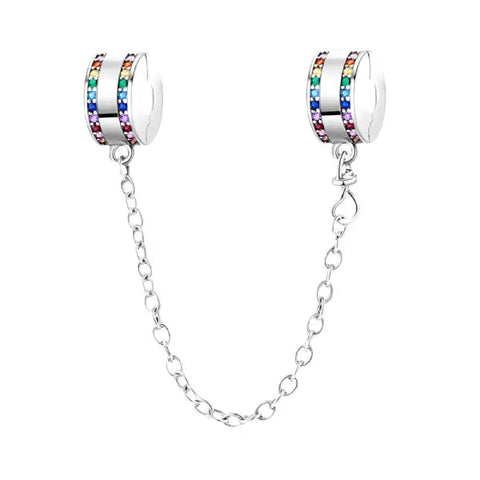 Sterling Silver Rainbow Safety Chain Charm with Multicolor Crystals - Sterling Silver Rainbow Safety Chain Charm with Multicolor Crystals