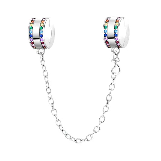 Sterling Silver Rainbow Safety Chain Charm with Multicolor Crystals