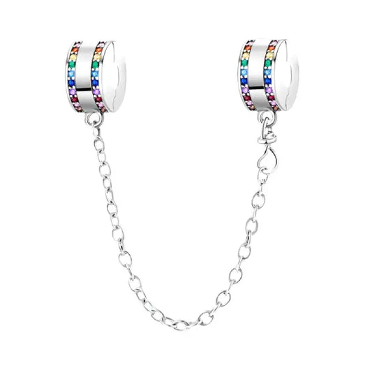 Sterling Silver Rainbow Safety Chain for pandora Charm with multicolor crystals