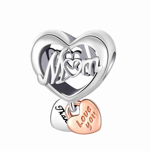 Sterling Silver Mom Heart Charm with Two Dangle Hearts - Sterling Silver Mom Heart Charm with dangle hearts