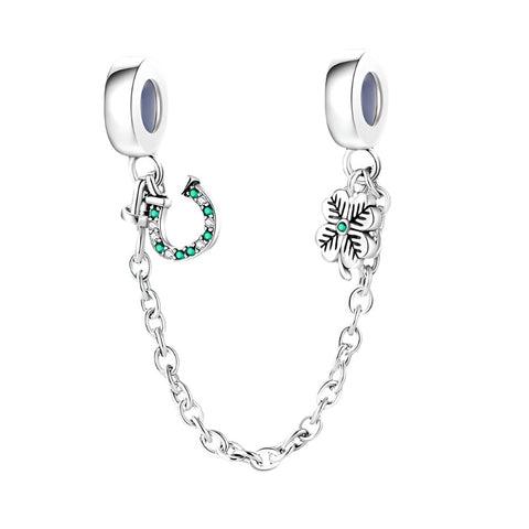 Sterling Silver Horseshoe and Clover Safety Chain Charm - Sterling silver horseshoe and clover charm with safety chain.