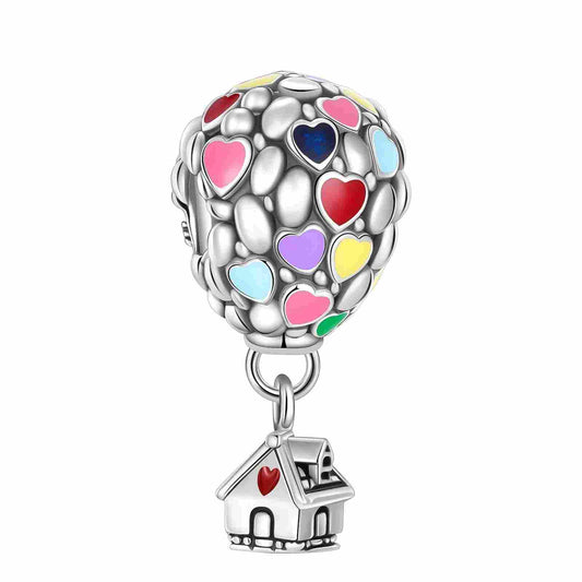 Sterling Silver Hot Air Balloon Charm with enamel hearts