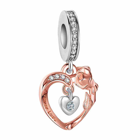 Sterling Silver Rose Heart Charm with Two-Tone Finish - Sterling Silver Rose Heart Charm with Two-Tone Finish