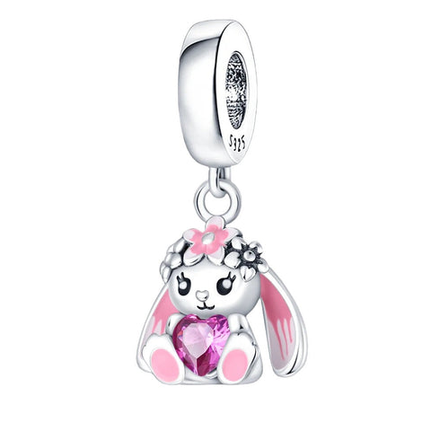 Sterling Silver Bunny with Heart Charm with Pink Crystals - Sterling Silver Bunny with Heart Charm with Pink Crystals