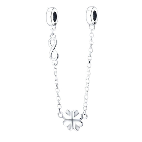 Sterling Silver Four-Leaf Clover Safety Chain Charm - Sterling Silver Four-Leaf Clover Safety Chain Charm