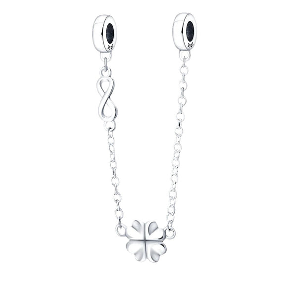 🍀 Sterling Silver Four-Leaf Clover Safety Chain Charm 🍀 - Sterling Silver Four-Leaf Clover Safety Chain Charm