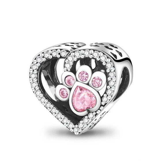 Sterling Silver Paw Print Heart Charm - Show Your Love for Pets 🐾💖 - Sterling Silver Paw Print Heart Charm with Pink Crystals