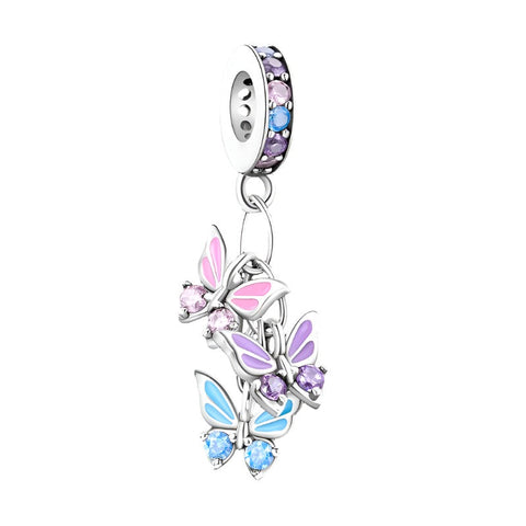 Sterling Silver Colorful Butterflies Charm - Sterling Silver Colorful Butterflies Charm