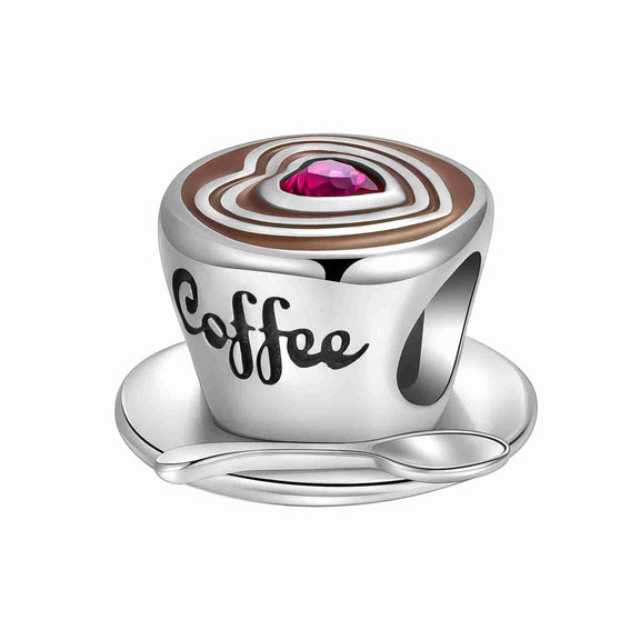 Sterling Silver Coffee Cup Charm with Pink Crystal Heart - Sterling Silver Coffee Cup Charm with Pink Crystal