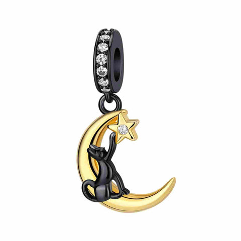 Sterling Silver Cat on Moon Charm with Two-Tone Finish - Sterling Silver Cat on Moon Charm with Two-Tone Finish