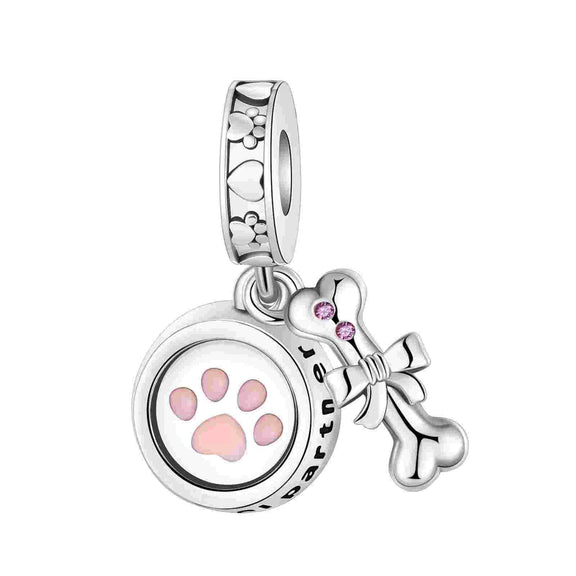 🐾 Sterling Silver Paw and Bone Charm with Pink Enamel 🐾 - Sterling Silver Paw and Bone Charm with Pink Enamel