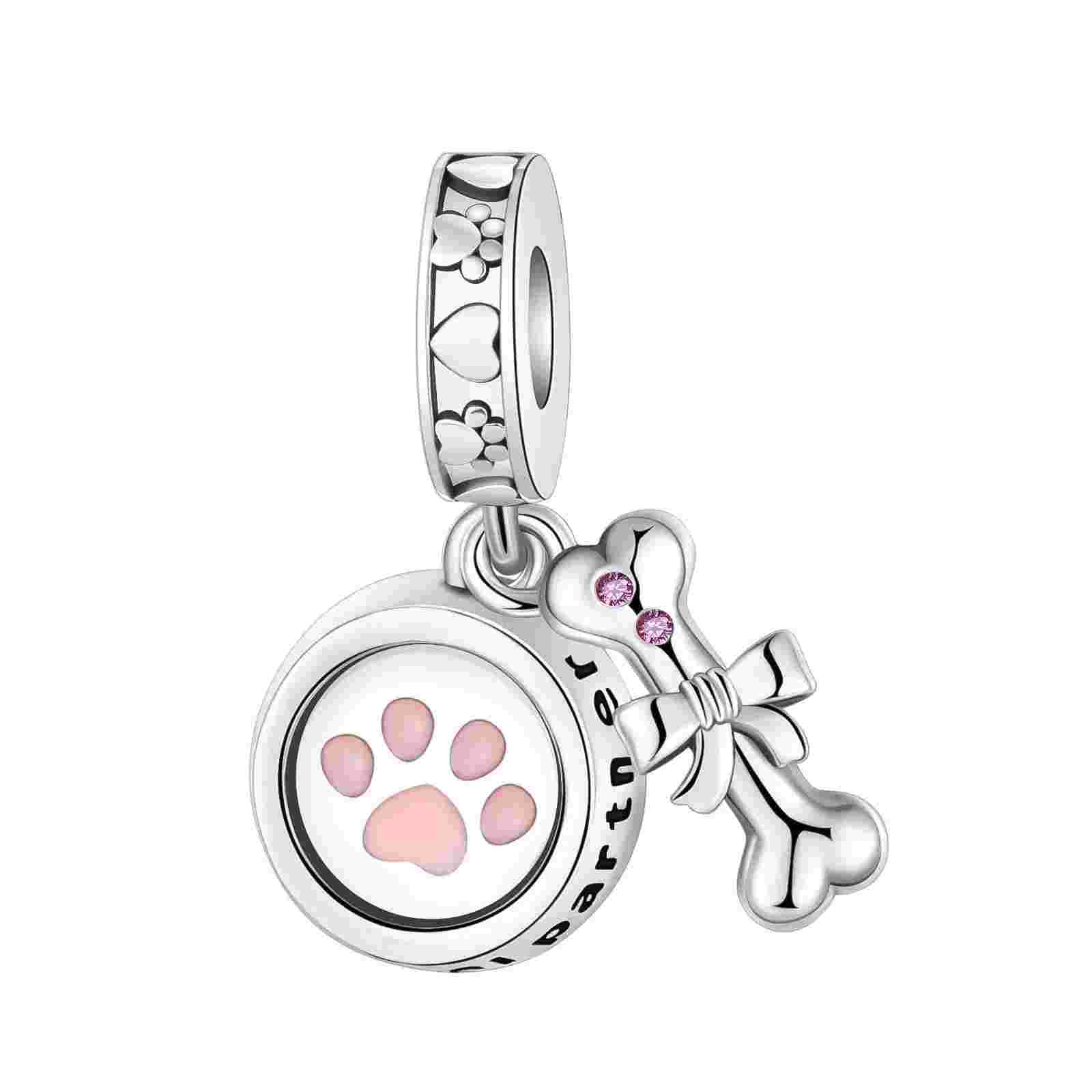 Sterling Silver Paw and Bone Charm with Pink Enamel