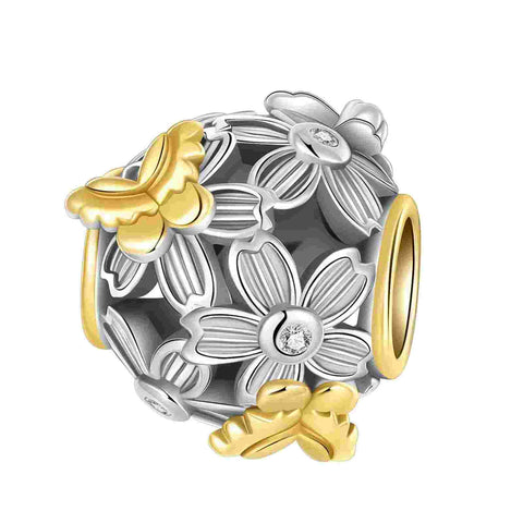 Sterling Silver Floral Butterflies Charm - Sterling Silver Floral Butterflies Charm