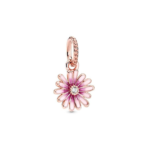 Pink Daisy Charm Cheerful Bloom for Pandora Bracelets - Pink Daisy charm in rose gold with pink petals, fits Pandora bracelets