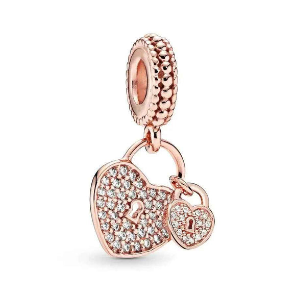 Heart Lock Charm  Forever Love for Pandora Bracelets - Heart Lock charm in rose gold with sparkling details, fits Pandora bracelets