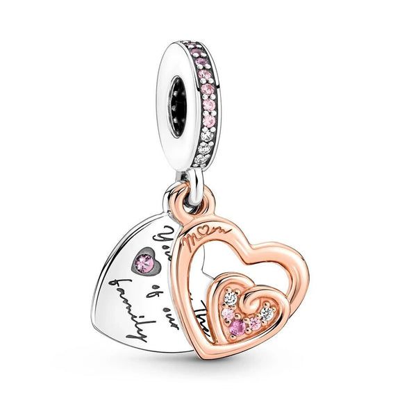 Mom Heart Charm Motherly Love for Pandora Bracelets - Mom Heart charm in rose gold and silver with sparkling accents, fits Pandora bracelets