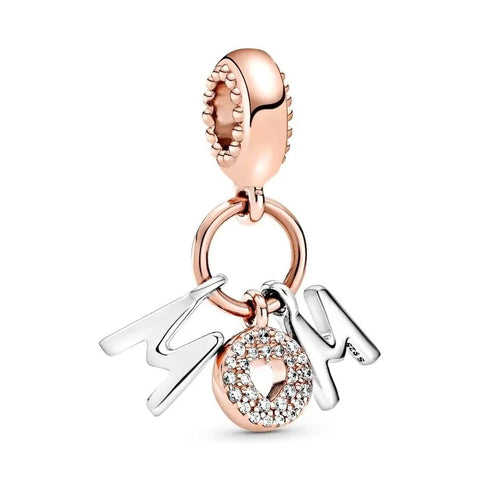 Mom Letters charm in rose gold and silver with sparkling details, fits Pandora bracelets