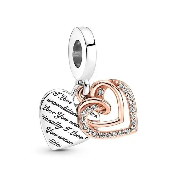 Double Heart Charm Unconditional Love for Pandora Bracelets - Double Heart charm in rose gold and silver with sparkling accents, fits Pandora bracelets