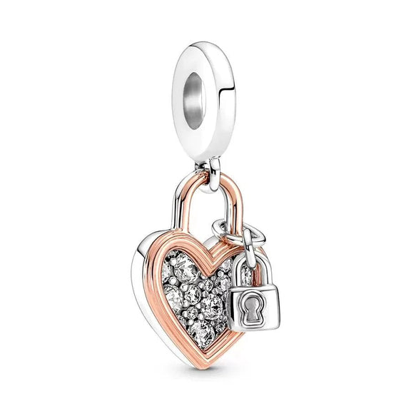 Heart Lock Charm Secure Your Love for Pandora Bracelets - Heart Lock charm in rose gold and silver with sparkling details, fits Pandora bracelets