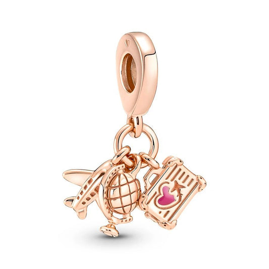 Travel charm in rose gold with globe, airplane, and suitcase details, fits Pandora bracelets