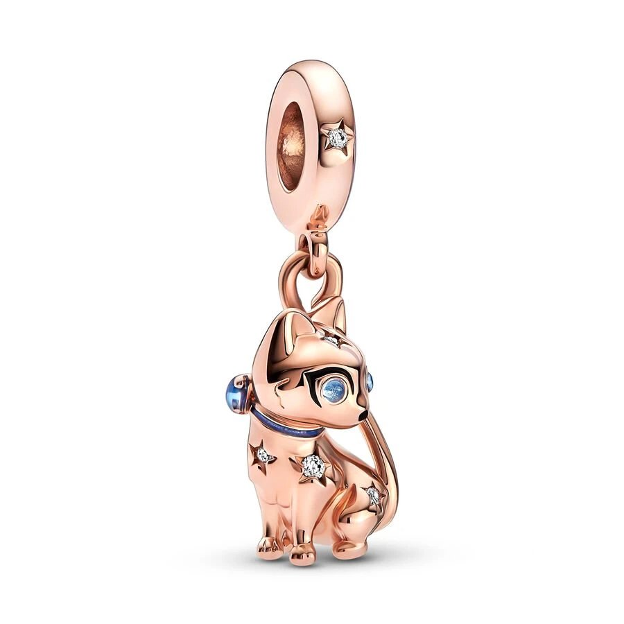 Cat charm in rose gold with sparkling accents, fits Pandora bracelets