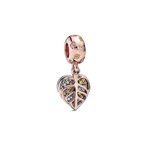 Leaf Heart Charm Nature's Love for Pandora Bracelets - Leaf Heart charm in rose gold with sparkling details, fits Pandora bracelets