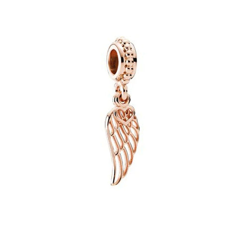 Angel Wing charm in rose gold with intricate details, fits Pandora bracelets