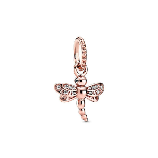 Crystal Dragonfly charm in rose gold with sparkling accents, fits Pandora bracelets