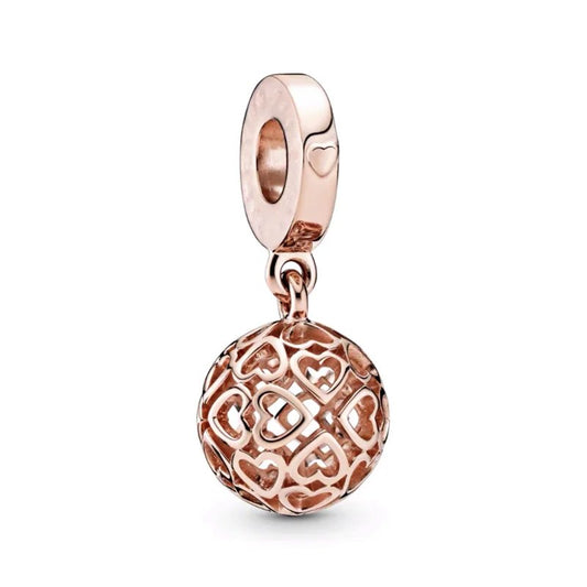 Filigree Heart charm in rose gold with intricate heart design, fits Pandora bracelets