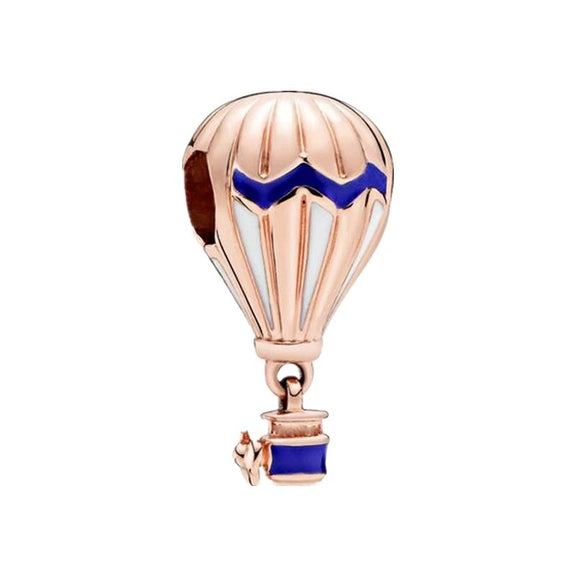 🎈 Elegant Rose Gold Hot Air Balloon Charm with Enamel Accents 🌟 - Rose gold hot air balloon charm with blue and white enamel accents, perfect for charm bracelets.