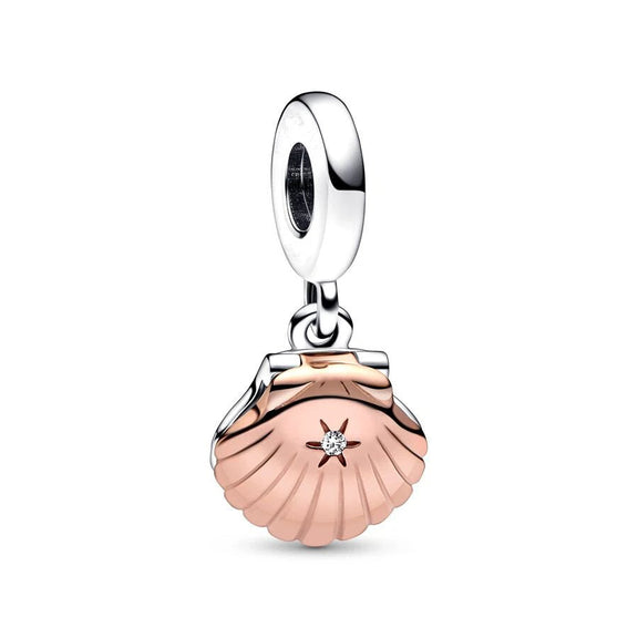 Seashell Charm with Opening Feature and Crystal Accents - Seashell charm in rose gold and silver with sparkling accent, fits Pandora bracelets