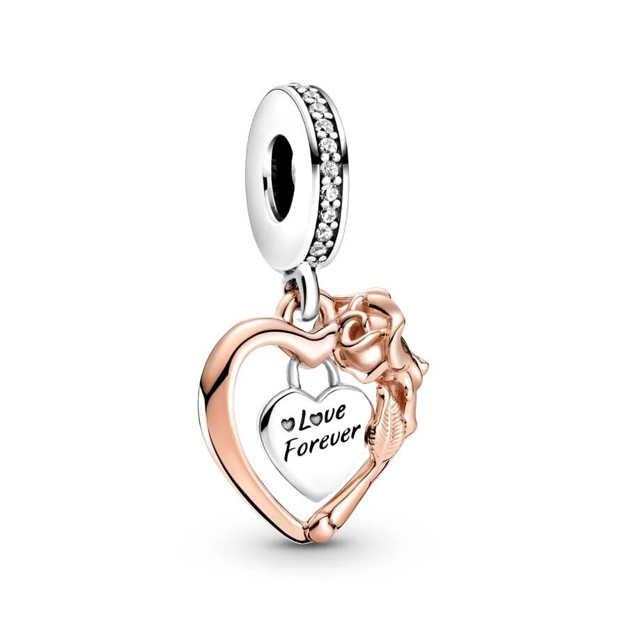 Love Forever charm in rose gold and silver with sparkling accents and engraved message.