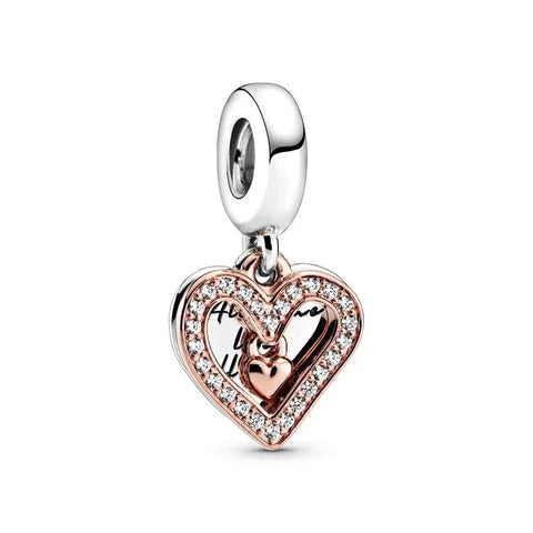 Two Hearts charm in rose gold and silver with sparkling accents, fits Pandora bracelets