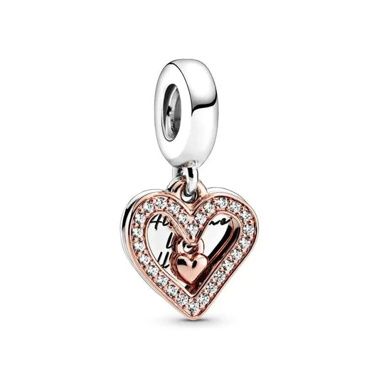 Two Hearts charm in rose gold and silver with sparkling accents, fits Pandora bracelets