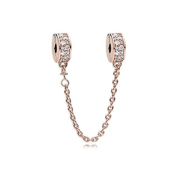 Safety Chain Charm Secure Your Style for Pandora Bracelets - Safety Chain charm in rose gold with sparkling accents, fits Pandora bracelets