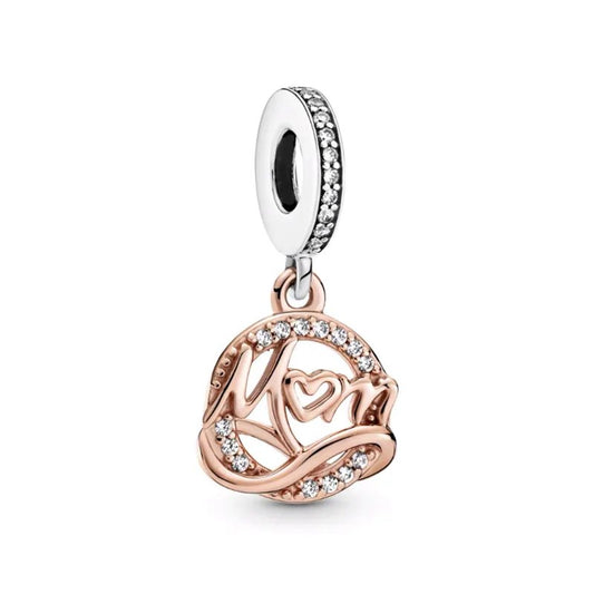 Mom charm in rose gold and silver with sparkling accents, fits Pandora bracelets