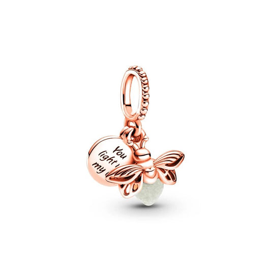 Bee charm in rose gold with sparkling accents and engraved message, fits Pandora bracelets