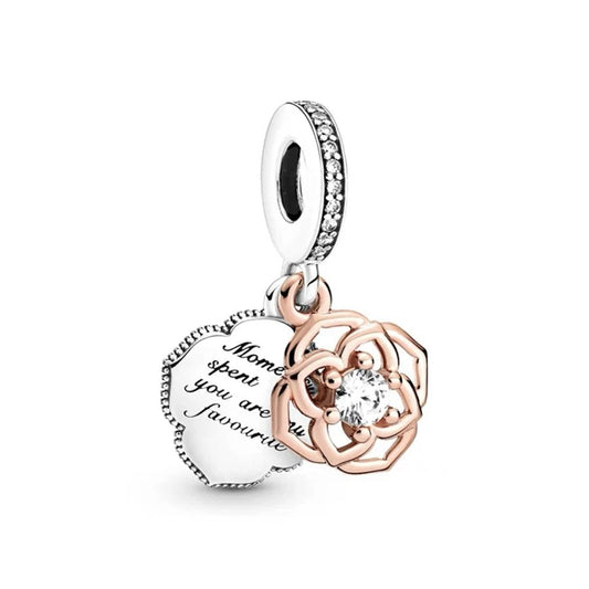 Flower Message charm in rose gold and silver with sparkling accents and engraved message.
